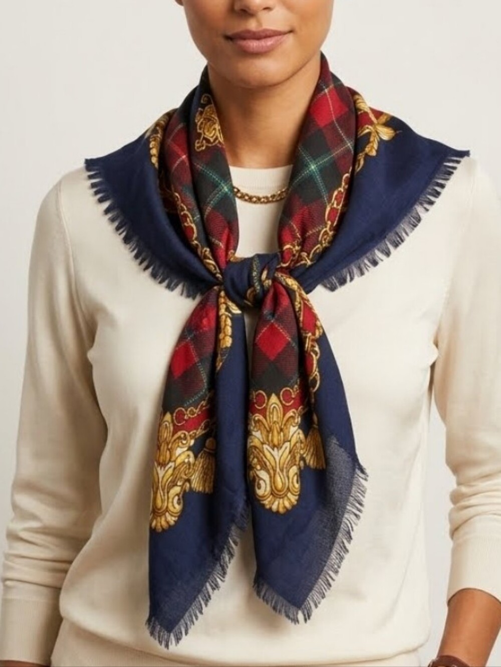 Vintage Strabridge & Clothier Plaid Chain Fruit Print Fringed Fashion Scarf